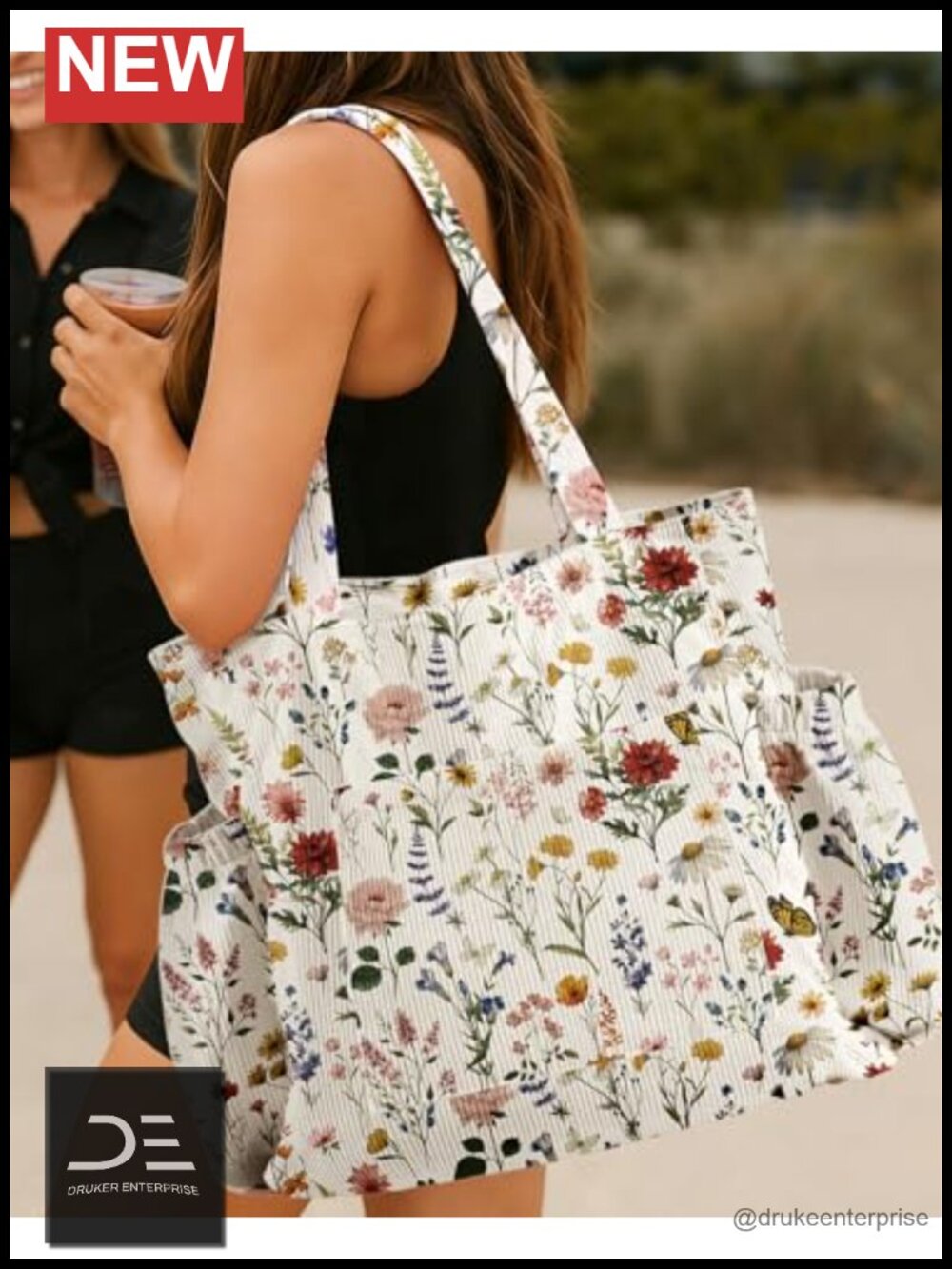 Large Corduroy Tote Bag with Zipper Multi-Pocket for School Work - Picture 2 of 6
